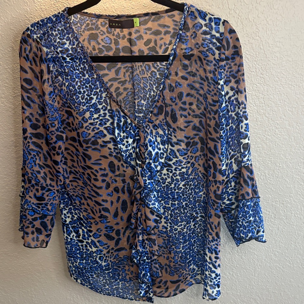 AREA Blue and Brown Leopard Print Blouse/ Size Medium